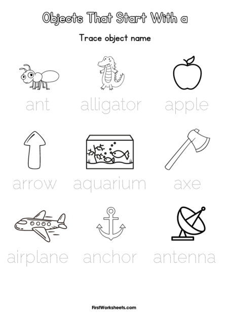 Objects That Start With A Tracing Worksheets