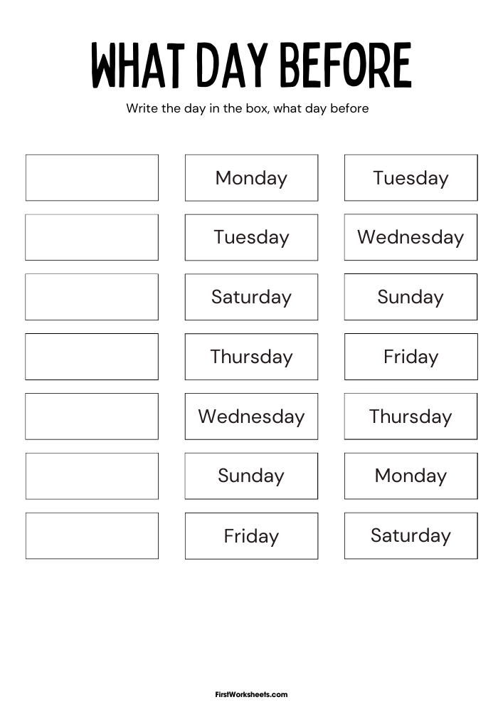 What Day Before Worksheet What Day Before Worksheet