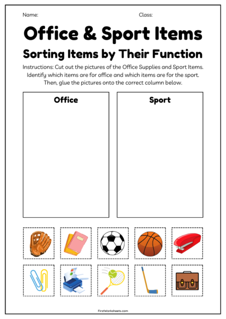 Sorting Items by Their Function (Office & Sport Items) Worksheets