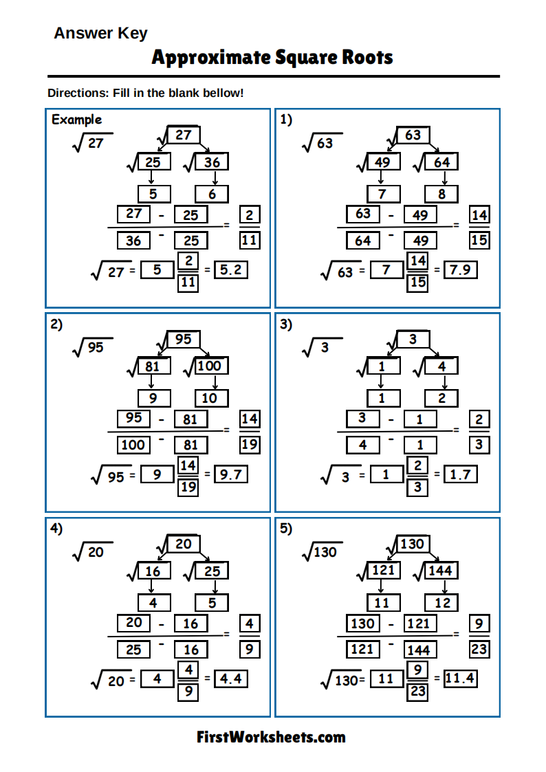Approximate Square Roots Worksheet Answer Key