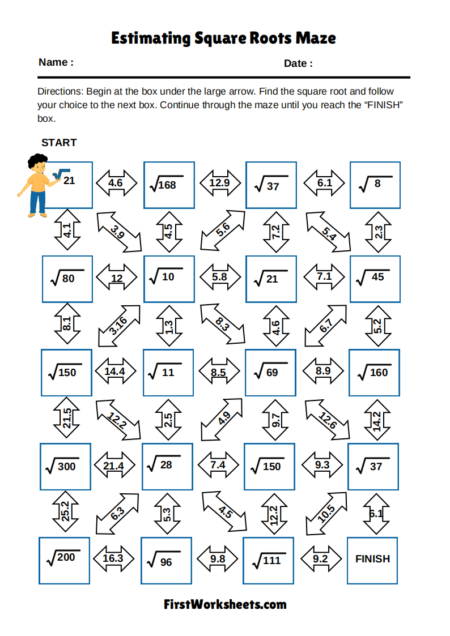 Estimating Square Roots Maze Worksheets
