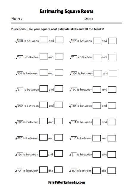Estimating Square Roots Worksheets