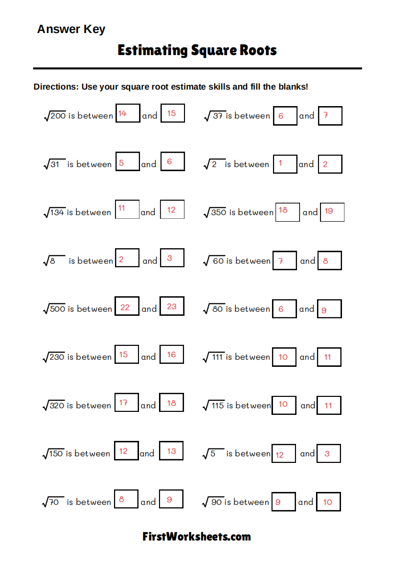 Estimating Square Roots Worksheet Answer Key