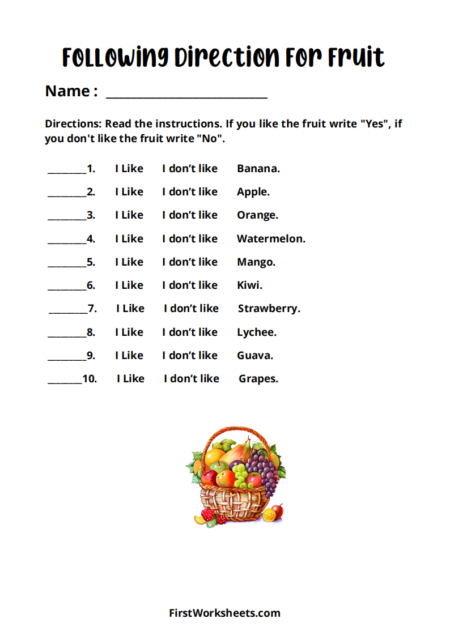 Following Directions For Fruit Worksheets Following Directions For Fruit Worksheets