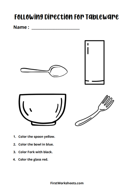 Following Directions For Tableware Worksheets Following Directions For Tableware Worksheets