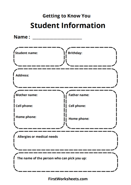 Getting to Know Student Information Worksheets Getting to Know Student Information Worksheets
