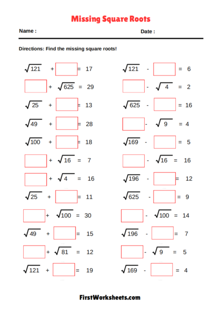 Missing Square Roots Worksheets