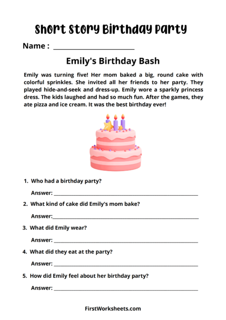 Short Story Birthday Party Worksheets Short Story Birthday Party Worksheets
