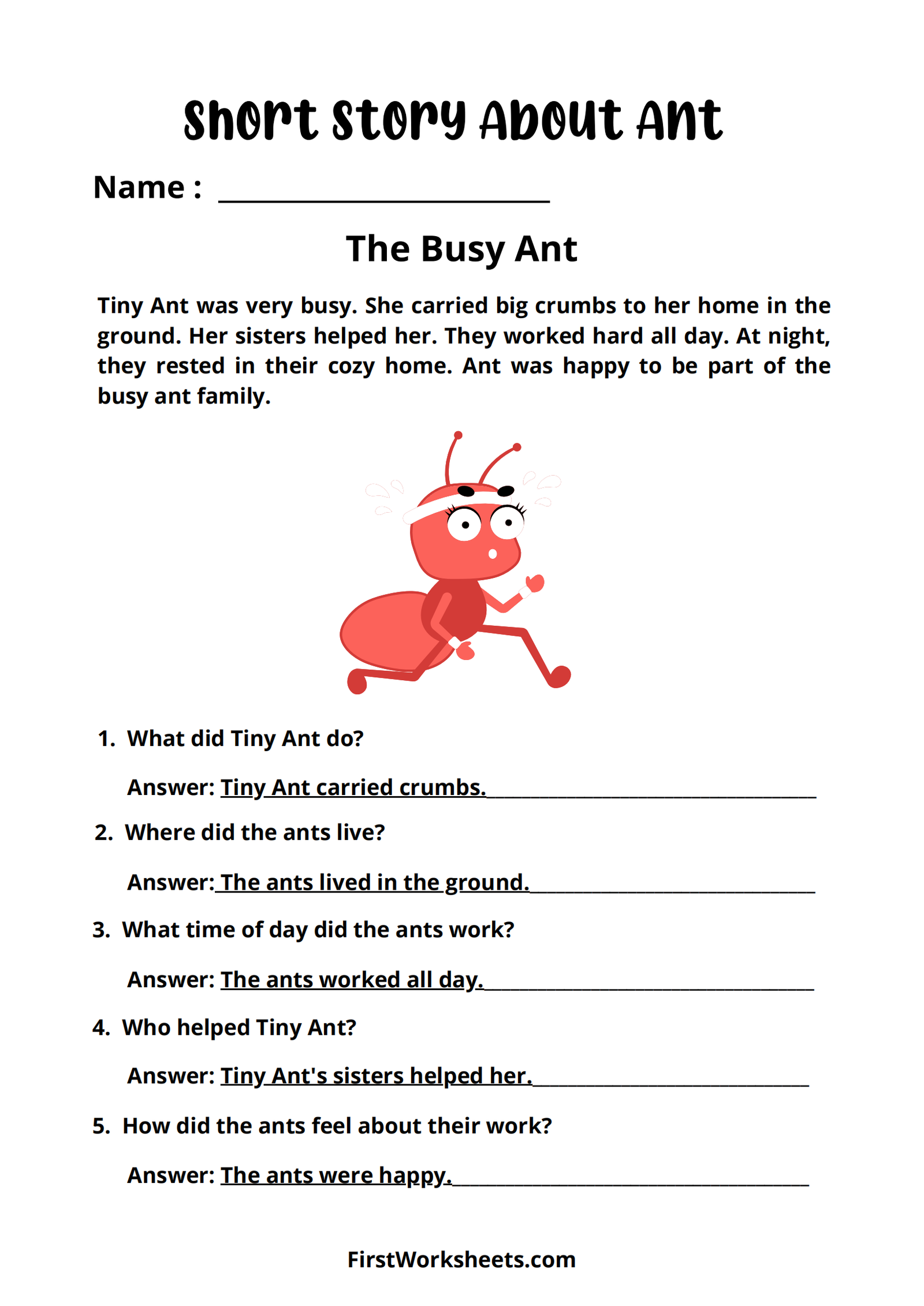 Short Story The Busy Ant Worksheet Answer Key Short Story The Busy Ant Worksheet Answer Key