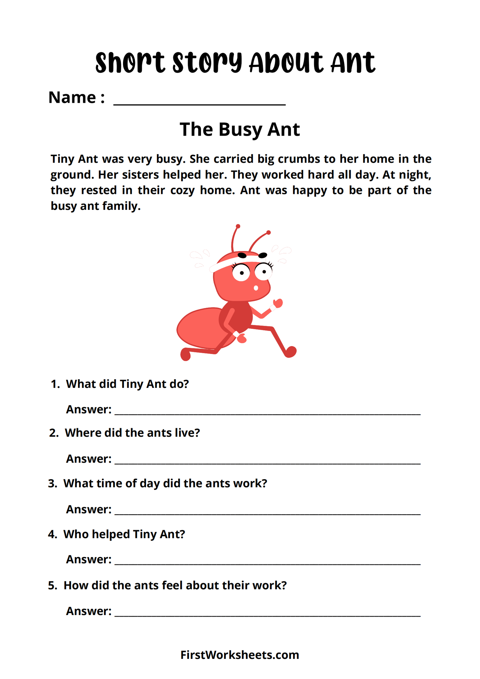Short Story The Busy Ant Worksheet Short Story The Busy Ant Worksheet