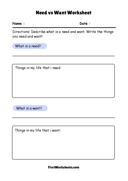 Need vs Want Worksheets