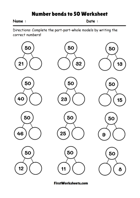 Number Bonds to 50 Worksheets