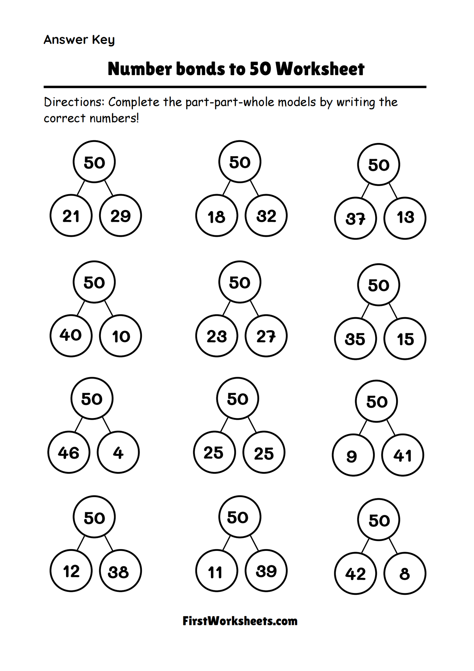 Number Bonds To 50 Worksheet Answer Key Number Bonds To 50 Worksheet Answer Key