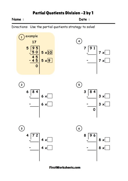 Partial Quotients Division -2 by 1 Worksheets