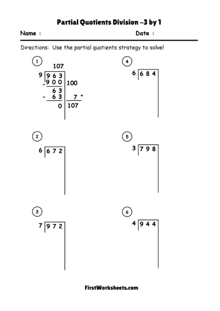 Partial Quotients Division -3 by 1 Worksheets