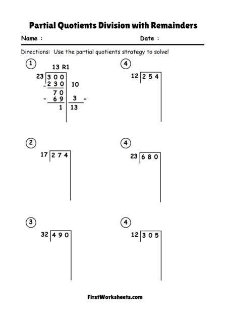 Partial Quotients Division with Remainders Worksheets