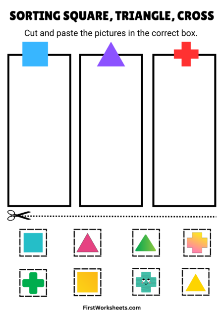 Sorting Square, Triangle, Cross Worksheets