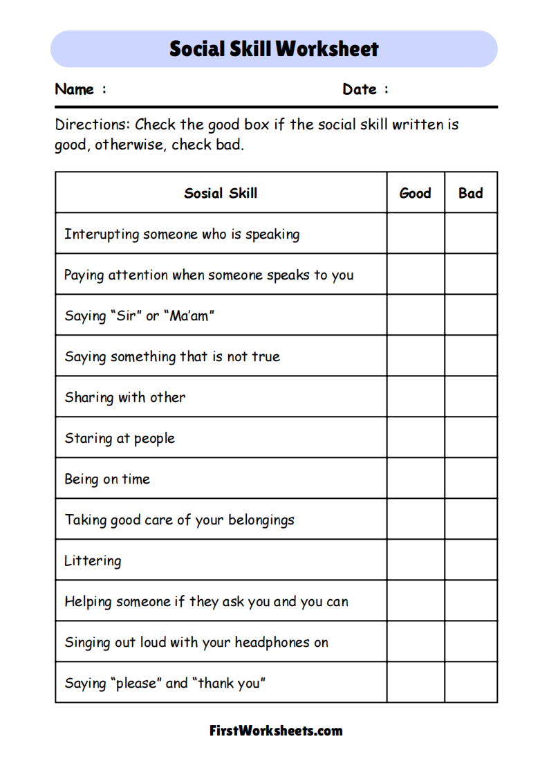 Social Skill Worksheet Social Skill Worksheet