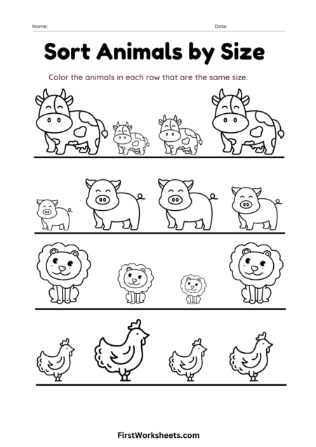 Sort Animals by Size Worksheets
