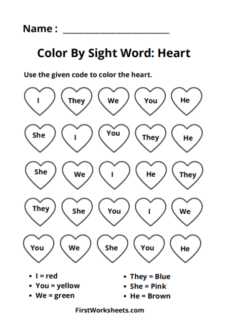 Color By Sight Word Heart Worksheets