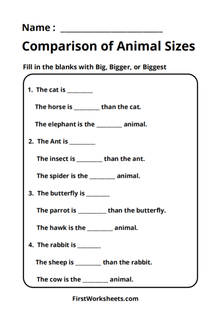 Comparison of Animal Sizes Worksheets Comparison of Animal Sizes Worksheets