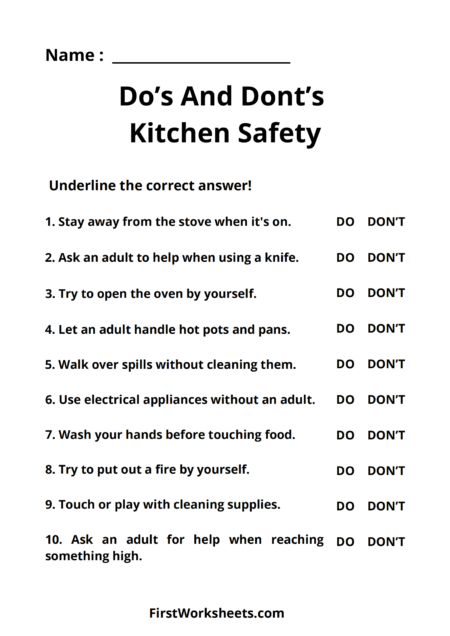 Do And Don’t Kitchen Safety Worksheets