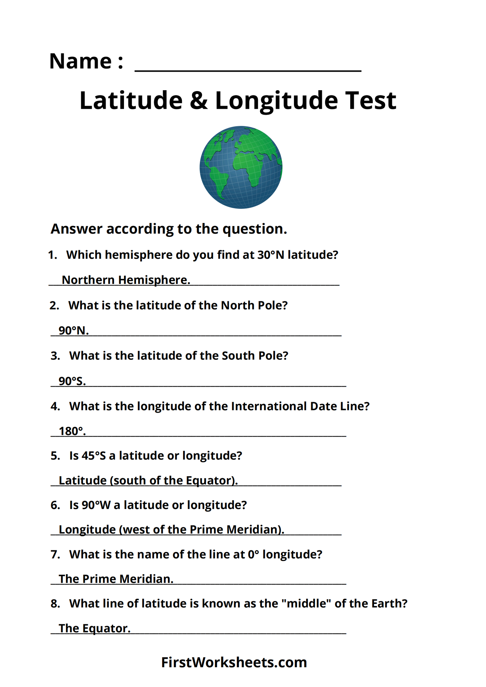 Latitude Or Longitude Test Worksheet Answer Key Latitude Or Longitude Test Worksheet Answer Key