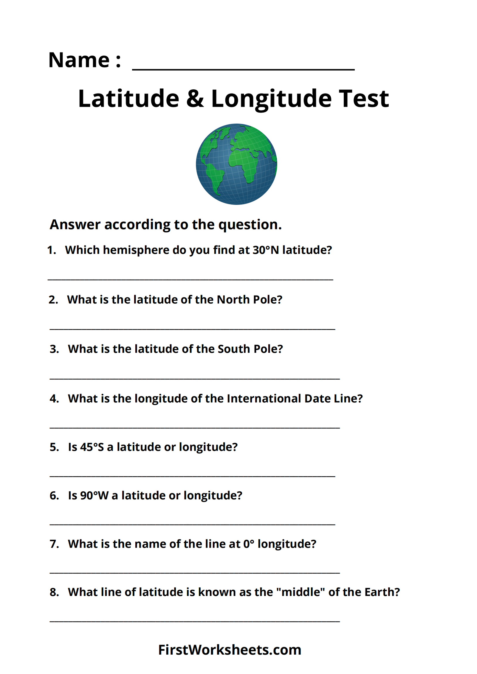 Latitude Or Longitude Test Worksheet Latitude Or Longitude Test Worksheet