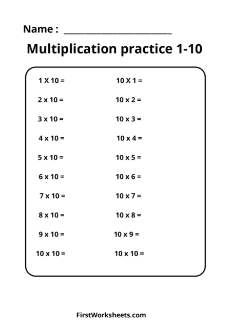 Multiplication Practice 1-10 Worksheets