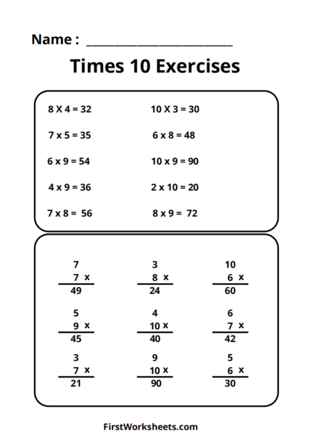 Times 10 Exercises Worksheets
