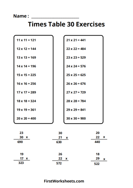 Times Table 30 Worksheets