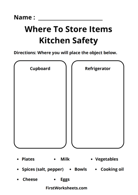 Where To Store Items Kitchen Safety Worksheets