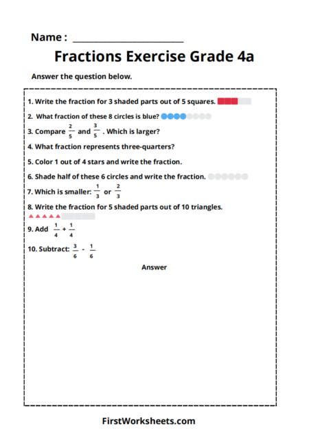 Fractions Exercise Grade 4a Worksheets Fractions Exercise Grade 4a Worksheets