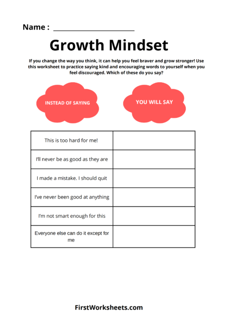 Growth Mindset for Grade 1 Worksheets