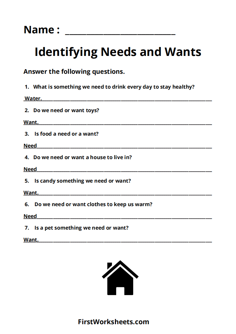 Identifying Needs And Wants Worksheet Answer Key