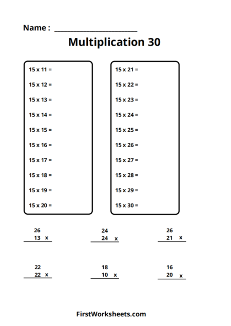 Multiplication 30×30 Practice Worksheets