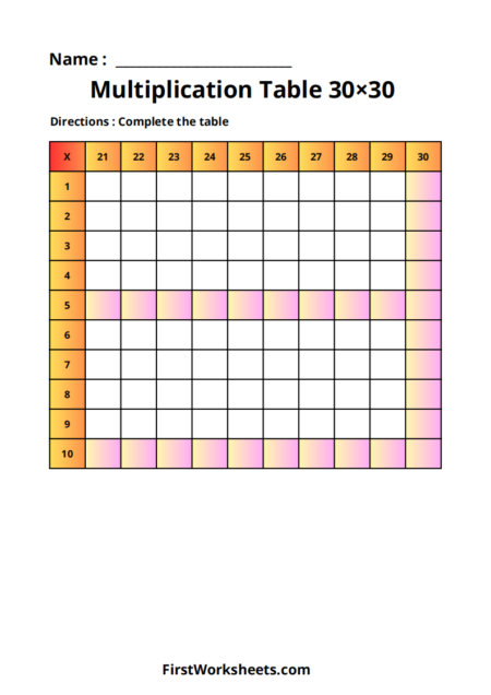 Multiplication Table 30×30 Worksheets