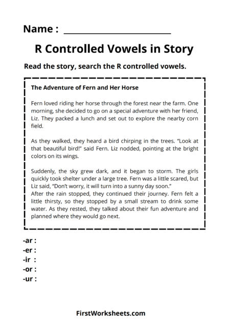 R Controlled Vowels in Story Worksheets