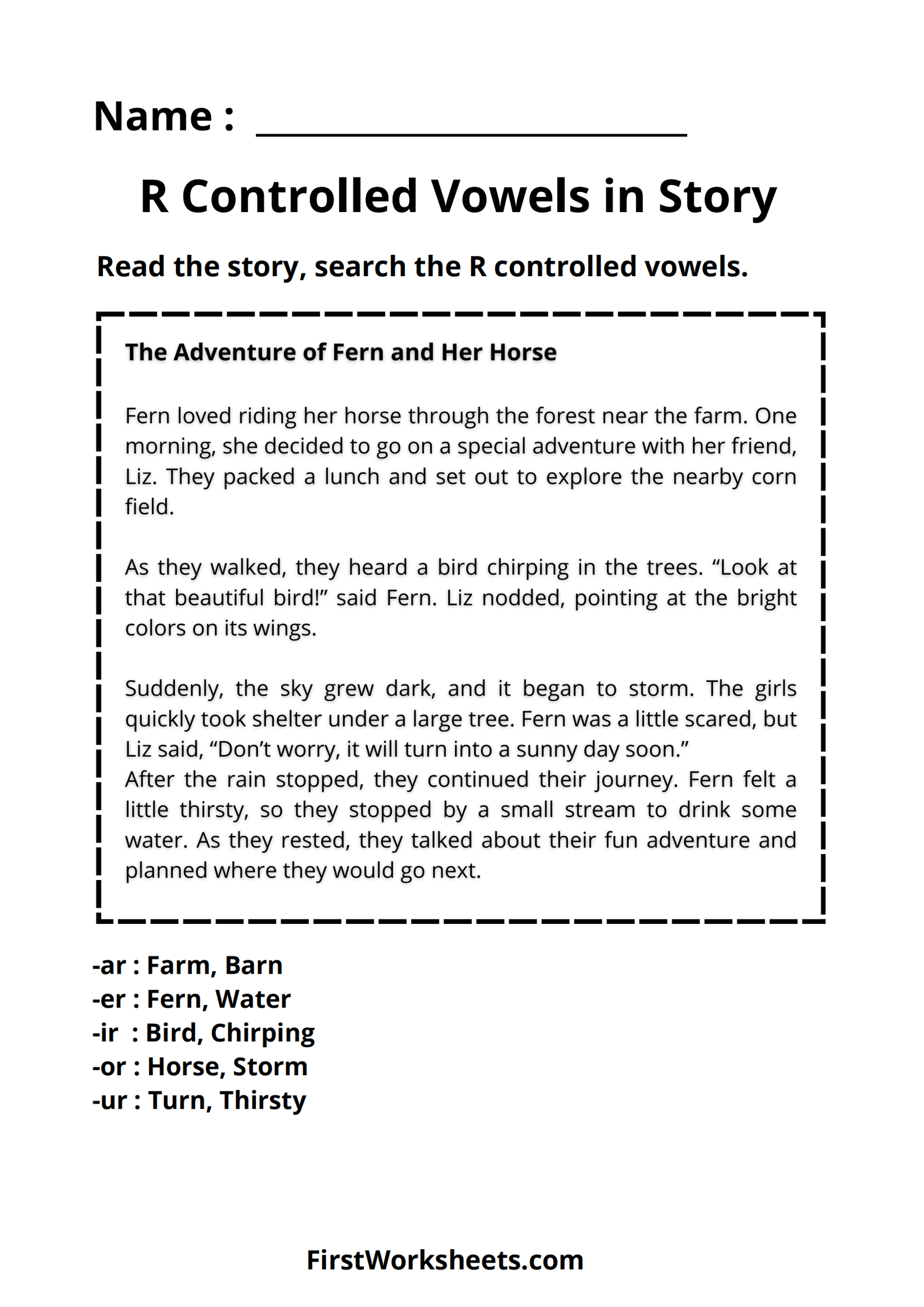 R Controlled Vowels In Story Worksheet Answer Key