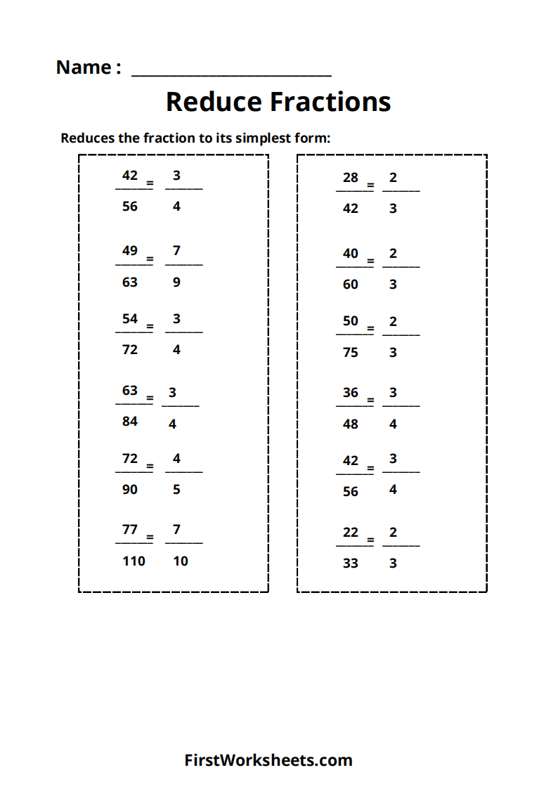Reduce Fractions Worksheet Answer Key Reduce Fractions Worksheet Answer Key