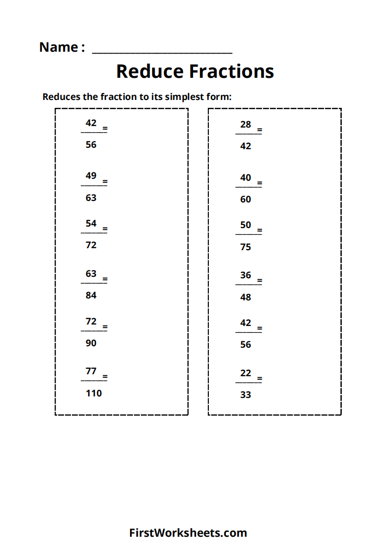 Reduce Fractions Worksheet Reduce Fractions Worksheet