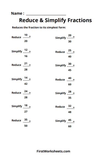Reduce & Simplify Fractions Worksheets Reduce & Simplify Fractions Worksheets