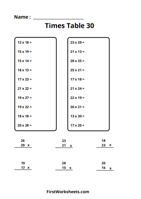 Times Table 30 Exercise Worksheets