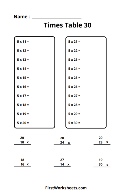 Times Table Worksheet Multiplying Up to 30