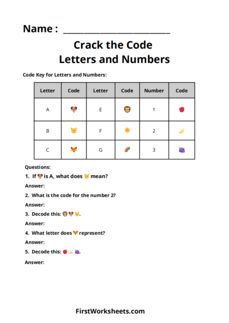 Crack the Code Letters and Numbers Worksheets