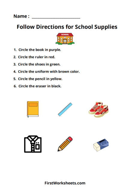 Follow Directions for School Supplies Worksheets Follow Directions for School Supplies Worksheets