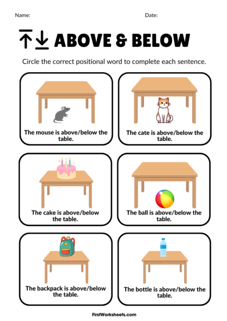 Above or Below Table Worksheets