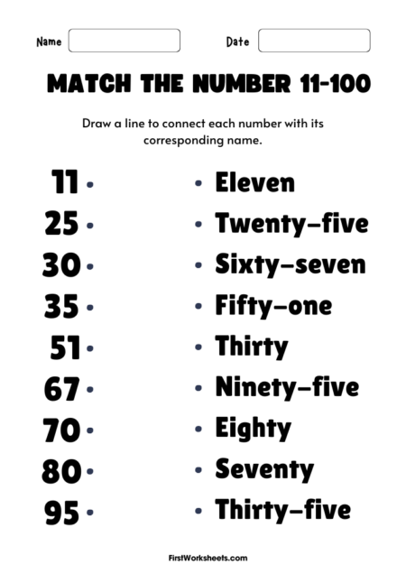Match the Numbers to Their Names 11-100 Worksheets