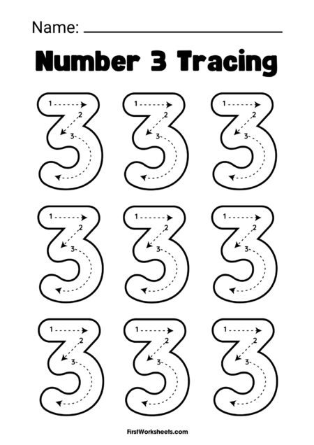 Number 3 Tracing Worksheets